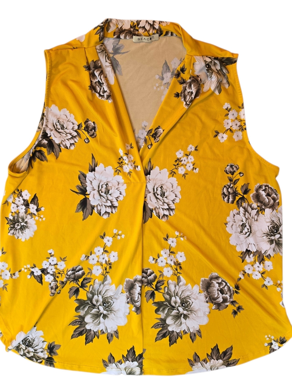 BEACON Blouse Womans XL Yellow Floral V-Neck Sleeveless Bohemian Hippie Classic